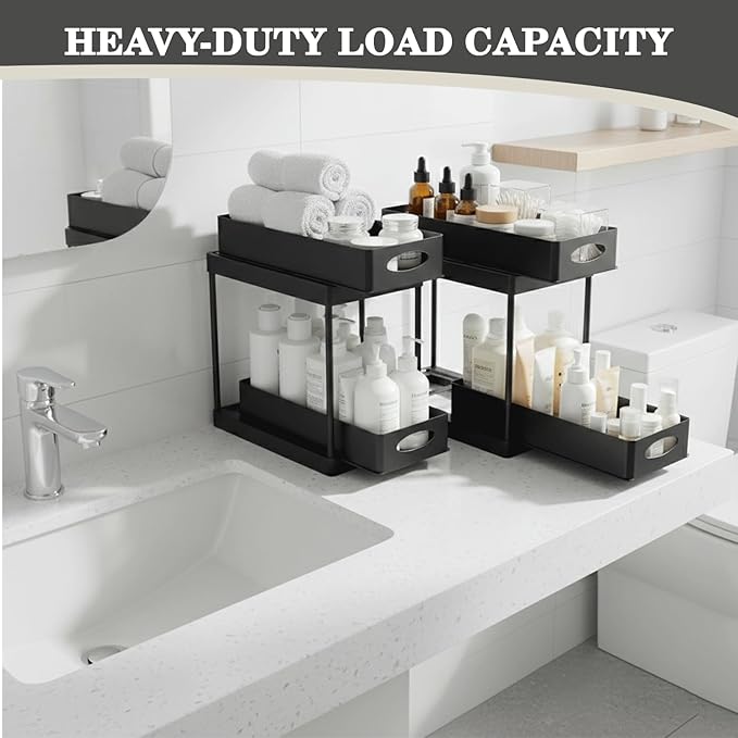 2 Pack Under Sink Organizer, Pull-Out Cabinet Storage Organizers for Bathroom & Kitchen, Multi-Purpose Under Counter Shelf Rack for Cleaning Supplies, Bottles & Toiletries, Cabinet Organizer-Black