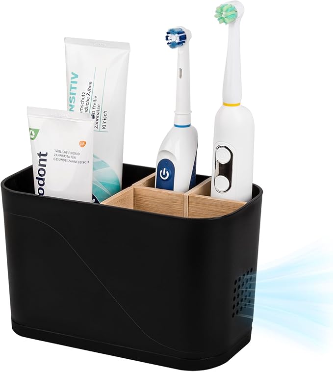 Toothbrush Holders for Bathrooms, Electric Tooth Brush Holder with Bamboo Dividers Kids Toothbrush and Toothpaste Organizer for Bathroom Countertop Accessories Storage, 4 Slots, Black