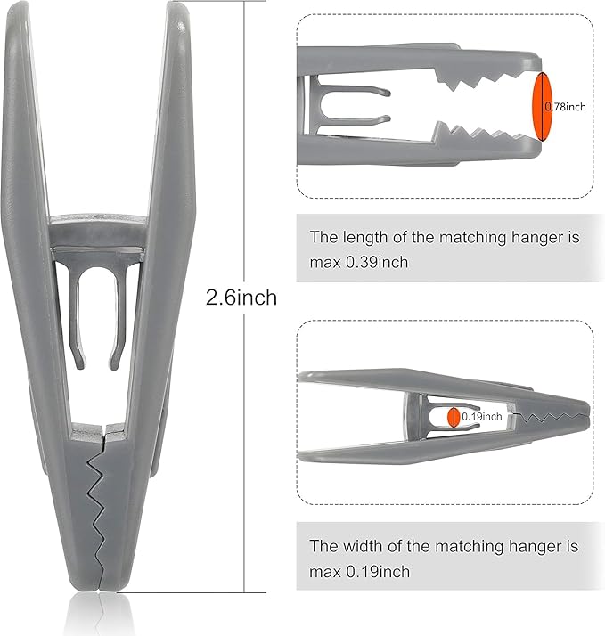 Tinfol 20pc Grey Hanger Clips, Multi-Purpose Finger Clip, Plastic Clothes PIn, Strong Pinch Grip Clips for Slim-line Clothes Skirt Pant Hangers