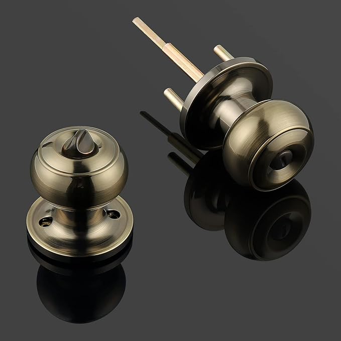 Probrico Privacy Door Knobs Lock Interior Bedroom Bathroom Door Handle Antique Brass Round Ball Keyless Lockset 2 Pack