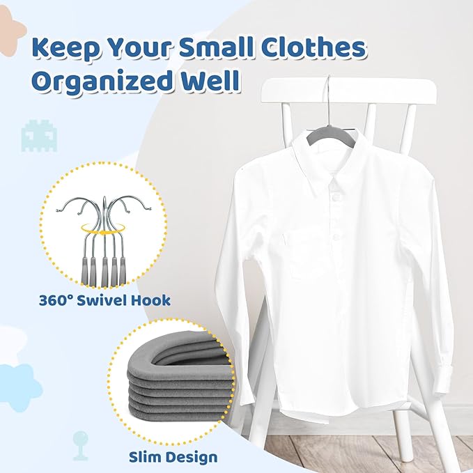 Smartor Premium 14 Inch Kids Hangers 50 Pack, Grey Baby Velvet Hanger, Non Slip, Space Saving Felt Hangers Clothes Organizers for Closet with 360° Swivel Hook for Children, Toddler & Teens