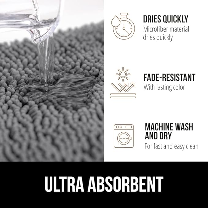 GORILLA GRIP Bath Rug Mat 48x17, Thick Soft Absorbent Chenille, Quick Dry Microfiber Mats, Rubber Backing Washable Shower Floor Rugs, Bathmat Runner, US Designed Bathroom Home Decor Accessories Grey