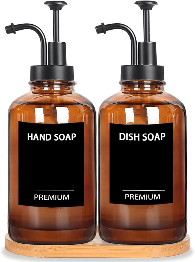 Amber 18 Oz Dish Soap Dispenser for Kitchen, Ultra-Thick Glass Soap Dispenser Set with Tray, Pump, Funnel for Bathroom, Liquid, Lotion, Shower, Laundry, (2 Pack with 12 Stickers)