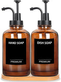Amber 18 Oz Dish Soap Dispenser for Kitchen, Ultra-Thick Glass Soap Dispenser Set with Tray, Pump, Funnel for Bathroom, Liquid, Lotion, Shower, Laundry, (2 Pack with 12 Stickers)