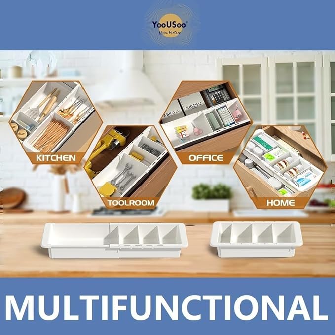 EooUooIP Sliding Drawer Tray with Adjustable Dividers, Expandable Kitchen Storage Organizer, Sliding Drawer Bin, Expandable Drawer Organizer, 2 PCS Drawer Organizer Trays For Utensils, Flatware, Junks