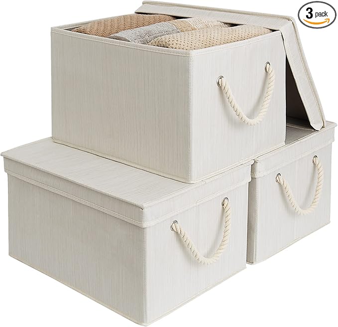 StorageWorks Storage Bins with Lids, Decorative Storage Boxes with Soft Rope Handles, Foldable Stackable Storage Baskets for Closet, Shelves, 3-Pack, Ivory and White, Jumbo