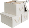 StorageWorks Storage Bins with Lids, Decorative Storage Boxes with Soft Rope Handles, Foldable Stackable Storage Baskets for Closet, Shelves, 3-Pack, Ivory and White, Jumbo