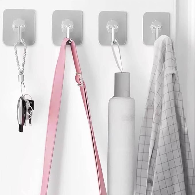 Adhesive Wall Hooks for Hanging Heavy Duty 50 lbs Large Hooks for Walls No Damage, Towel Sticky Clear Hook, Waterproof, Home, Bathroom, Kitchen, Office, and Outdoor 10 Pack