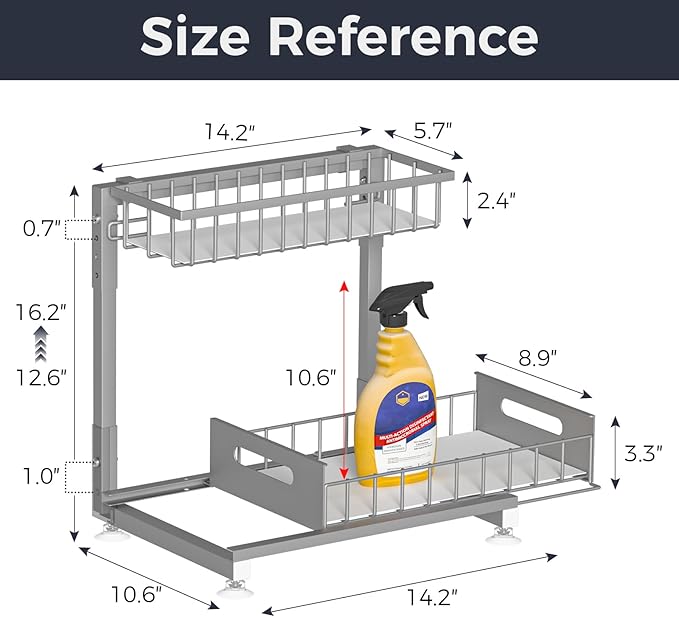 L-Shaped Under Sink Organizer, 2-Tier Pull Out Metal Kitchen Cabinet Organizer with Sliding Storage Drawer, Height Adjustable Heavy Duty Under Bathroom Sink Storage for Cleaning Supplies 1 Pack