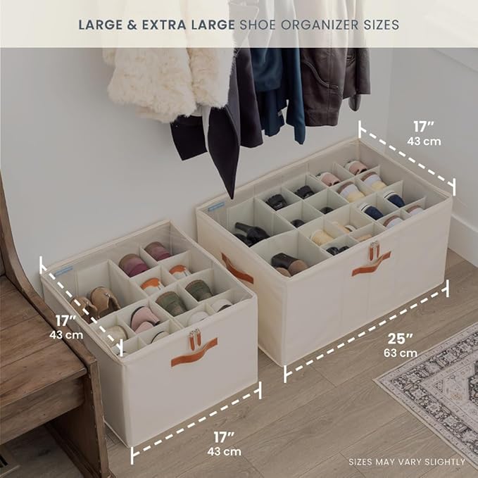 OrganiHaus Shoe Organizer for Closet and Entryway, Fits up to 16 Pairs, Large Shoe Storage Box, Collapsible Shoes Storage Bin, Shoes Container w/Reinforced Handles and Clear Cover - Off-White