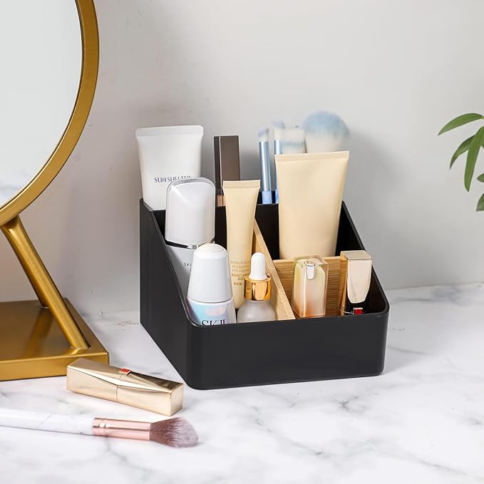 Toothbrush Holder for Bathrooms, 5 Slots Tooth Brush Holder with Detachable Bamboo Dividers, Countertop Organizer for Electric Toothbrushes, Toothpaste, Razors, Floss - Wihte