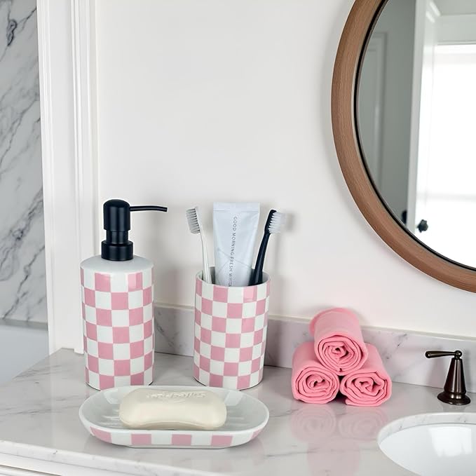 Pink Bathroom Toothbrush holder set, Cute Ceramic Bathroom Accessories, Includes Hand Soap Dispenser, Tooth Brush Holder, and Soap Dish, Funny Bathroom Accessories sets for Girls Woman Guest Bathrooms