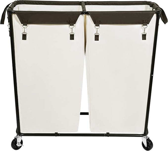 STO STO 280L Rolling Industrial Laundry Hamper with Wheels, 2-Compartment Extra Large Laundry Sorter, Heavy Duty Dirty Clothes Basket Cart with Metal Frame for Home or Commercial Use, Beige