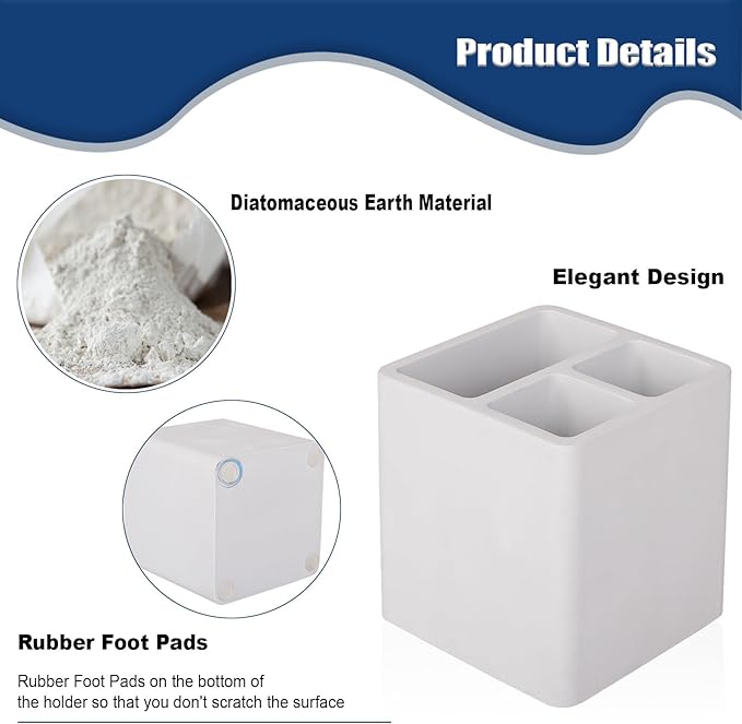 Diatomite Toothbrush Holders for Bathrooms, Electric Toothbrush and Toothpaste Holder 3 Slots Tooth Brush Organizer for Bathroom Countertop, Shower, Vanity - Grayish White
