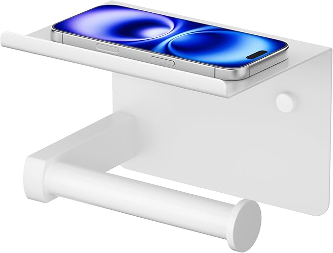 Toilet Paper Holder with Shelf, Adhesive or Screw Wall Mount Toilet Paper Roll Holder for Bathroom, Rustproof 304 Stainless Steel Toilet Roll Tissue Holder Dispenser with Phone Shelf (1, White)