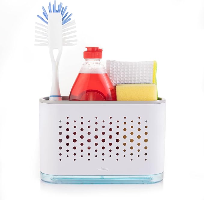 Minky Slimline Sink Caddy - Sponge and Brush Holder for Kitchen, Sink Organizer with Brush Compartment, Removable Tray, Drainage Spout - Slim Design Fits Anywhere - Made in UK (White)