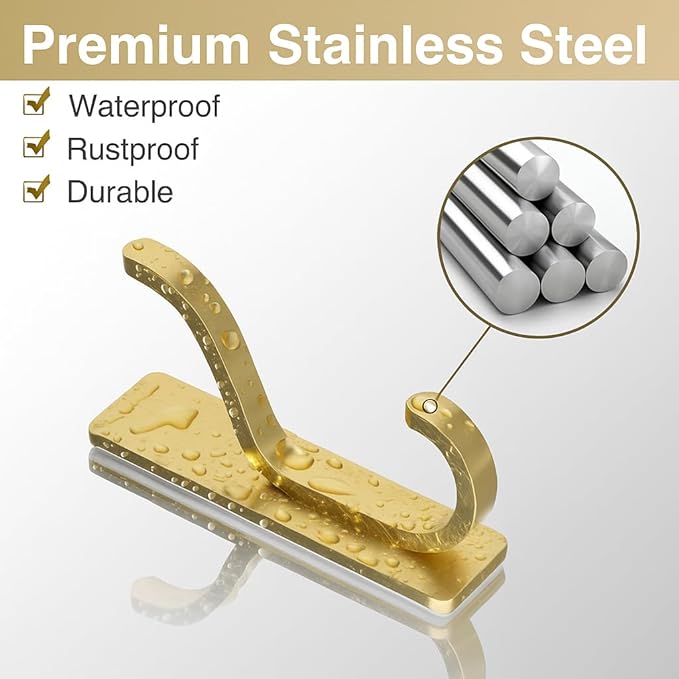 pickpiff Adhesive Wall Coat Hooks - Heavy Duty Stick-On Door Hanger, Metal Hook for Hanging Towel,Purse, Robe, Backpack, Jacket, Clothes - for Bathroom,Dorm, Closet, Kitchen - Gold, 4 Pack