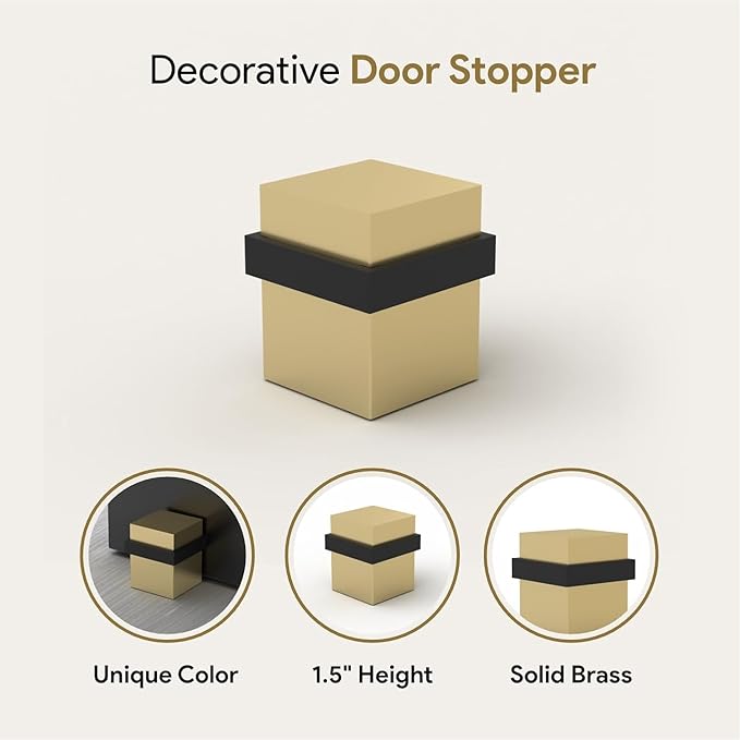 Mega Handles Square Floor Door Stopper, Quickly Installed Wall Protector Stopper, Wall Protectors from Door Knobs, Floor Door Stop with Mounting Hardware Included - Satin Brass - 1.5 Inch