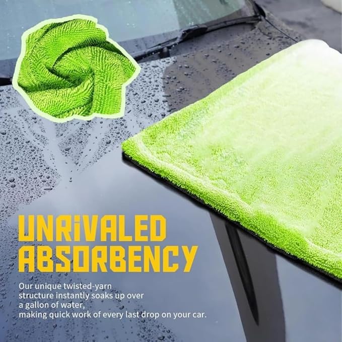 1200GSM Microfiber Car Drying Towel, Double-Twist Loop, Ultra-Absorbent, Quick-Dry, Lint- & Streak-Free, Scratch-Safe, for Car Wash & Detailing (1 Pack) (Dark Grey & Green, 16" x 16")