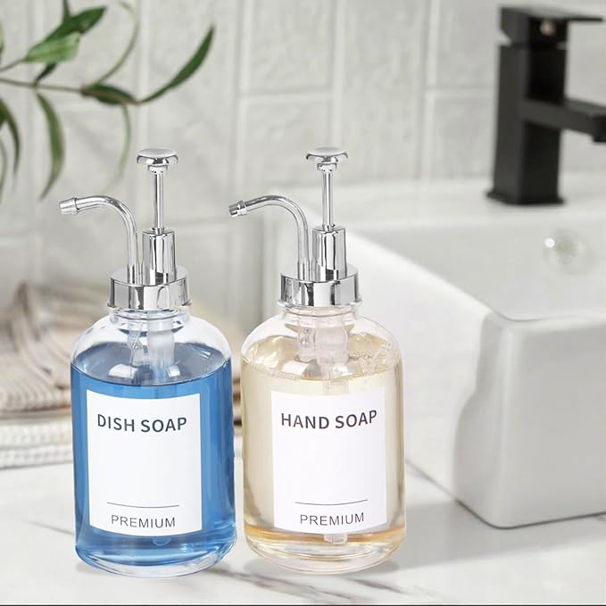 12oz Dish Soap Dispenser for Kitchen, Hand Glass Soap Dispenser Set with Pump, Tray, Funnel for Bathroom, Shower, Laundry, Liquid, Lotion (Silver 2 Pack Clear Bottles with 12 Stickers)