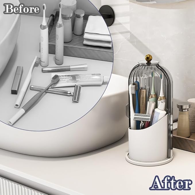 Zufudo Dustproof Toothbrush Holders with Cover, Rotating Electric Toothbrush and Toothpaste Holder for Bathroom Countertop, 3 Slots Makeup Brushes Organizer, Grey White
