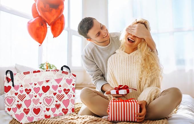 Sanjiaofeng Rectangular Valentine's Day Basket Love Storage Bins,Girls Storage Basket with Handles.Clothers,Books,Kid's Gifts Bins. (Pink Line Love)