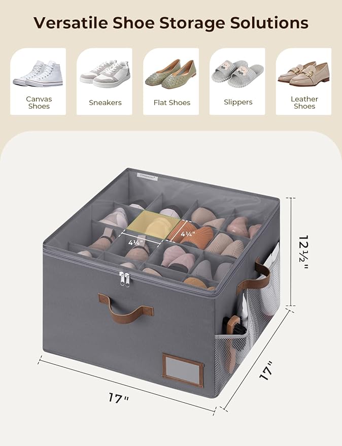 StorageWorks Shoe Organizer for Closet, Fits up to 16 Pairs, Shoe Cubby Storage Containers with Side Mesh Pocket and Clear Cover, Grey
