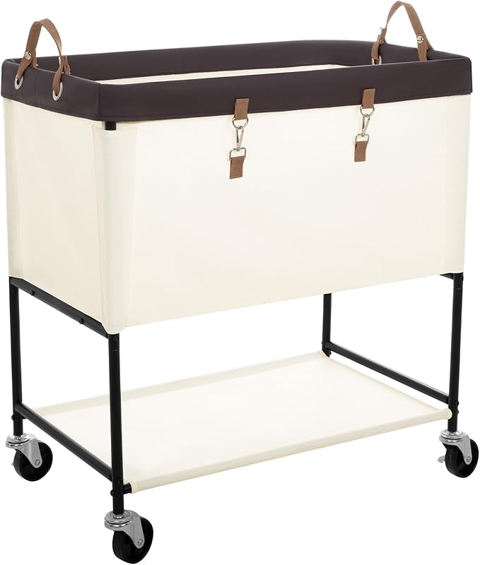 StorageWorks Laundry Cart, 2 Tier Rolling Laundry Basket, Heavy Duty Laundry Basket with Lockable Wheels, Laundry Room Organization and Storage, Clothes Hamper for Bedroom, Dorm, Closet, 46Gal, Beige