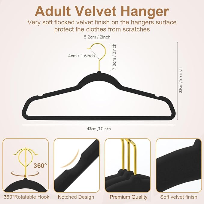 TIMMY 36-Pack Velvet Hangers with Gold Hooks - Space-Saving Non-Slip Heavy-Duty Clothes Hangers for Coats, Suits, Dresses, and Sweaters - Slim Design(Black+Gold)