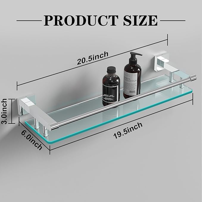 SFGSOWOR Glass Shelves for Bathroom, 20IN Rectangular Chrome Stainless Steel Tempered Glass Shelf Wall Mount Shelf Sink Over Toilet Modern Bathroom (Chrome Polished, 20‘’)