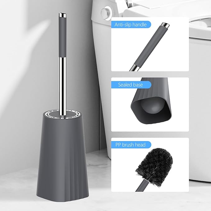 SetSail Toilet Brush, Compact Size Toilet Bowl Brush and Holder Toilet Brushes for Bathroom with Stainless Steel Handle Toilet Cleaner Brush with Durable Scrubbing Bristles, 3 Packs，Gery