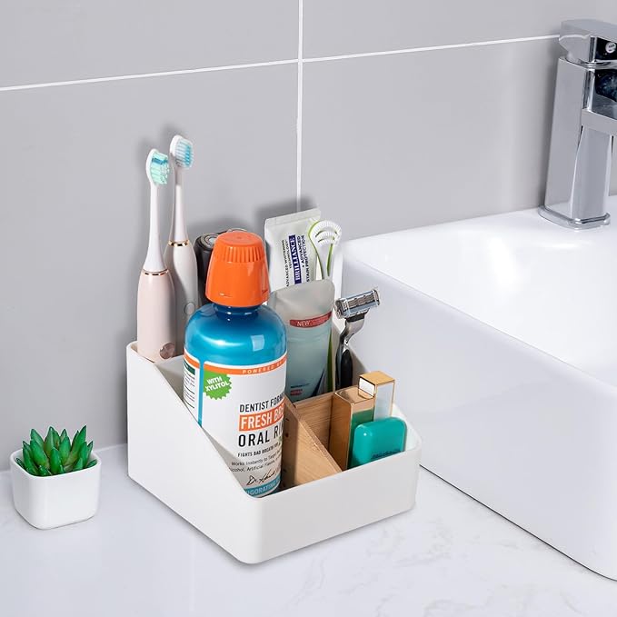Toothbrush Holder for Bathrooms, 4 Slots Tooth Brush Holder with Detachable Bamboo Dividers, Countertop Organizer for Electric Toothbrushes, Toothpaste, Razors, Floss - Wihte
