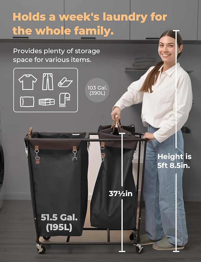 StorageWorks 390L Extra Large Laundry Hamper with Wheels, Laundry Basket with Wheels 2 Sections, Clothes Sorter Cart with Divider for Hotel, Home, Black, 1-Pack