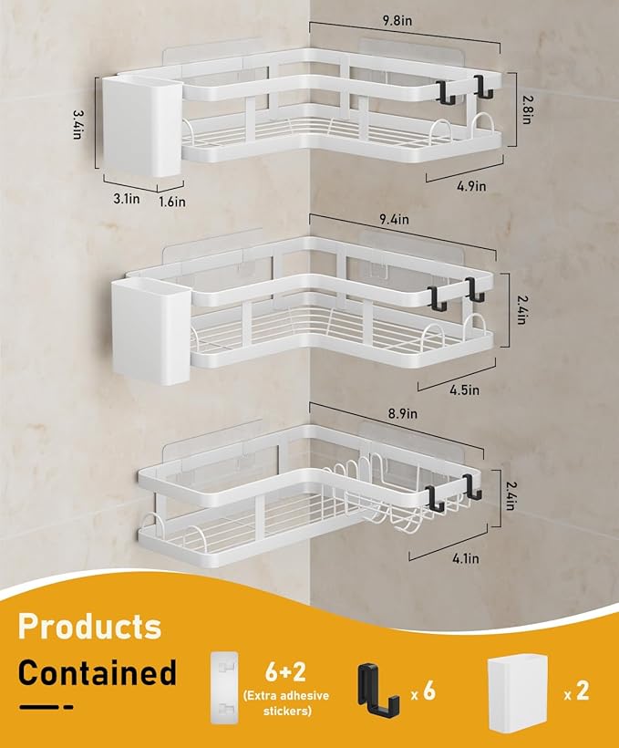 3 Pack Corner Shower Caddy Organizer, Rustproof Corner Shower Shelves, No Drilling Bathroom Corner Shelf with Hooks and Toothpaste Holder