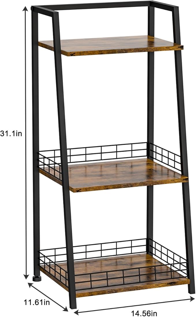 3-Tier Bathroom Shelf with Fence, Retro Bathroom Organizers and Storage Stand, Wood Shelving Unit with Metal Frames, Classic Open Floor Storage Shelves for Bathroom, Laundry Room, Living Room