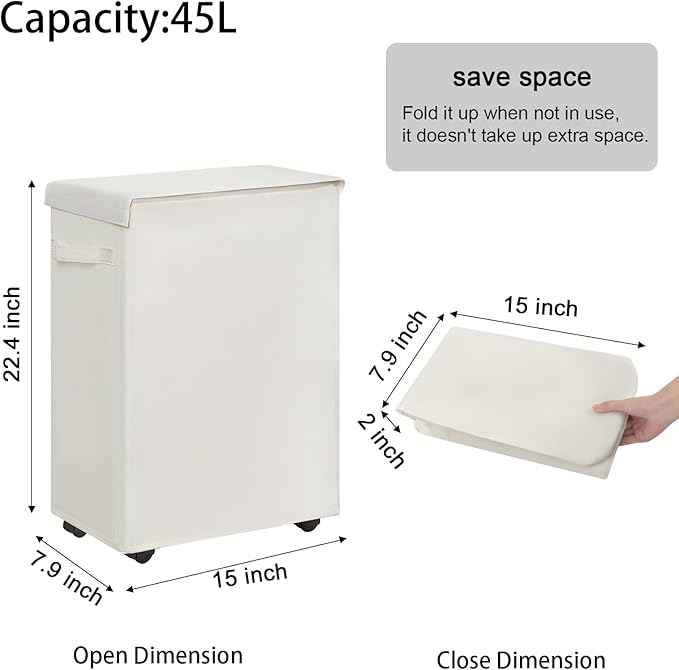 Chrislley Slim Laundry Hamper with Wheels, 45L Narrow Rolling Laundry Basket with Lid, Foldable Dirty Clothes Hamper Portable Skinny Hamper Storage Bins for Dorm, Bedroom (beige)