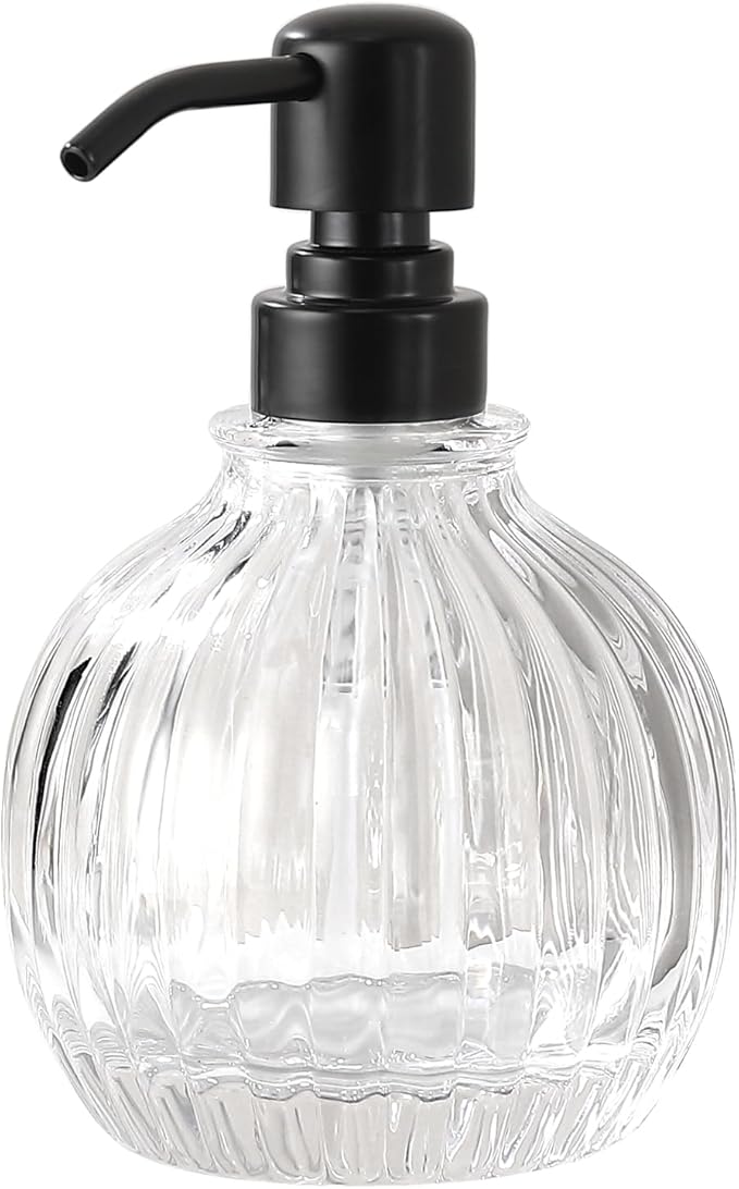 Round Soap Dispenser Bathroom with Black Pump, Glass Pump Bottle with Stainless Steel Pump Liquid Sphere Soap Dispenser Circular Countertop Kitchen