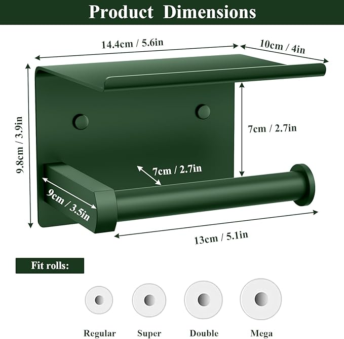Tindbea Toilet Paper Holder with Shelf Adhesive or Screw Wall Mounted Toilet Paper Roll Dispenser Storage, Stainless Steel Bathroom Shelf Holder Accessories (Forest Green)