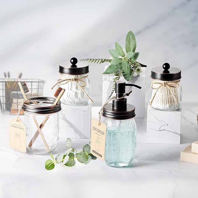 Amolliar Mason Jar Bathroom Accessories Set 4 Pcs -Lotion Soap Dispenser & 2 Qtip Holders & Toothbrush Holder - Rustic Farmhouse Decor, Bathroom Home Decor, Perfect Decorating Idea (Oil Rubbed Bronze)