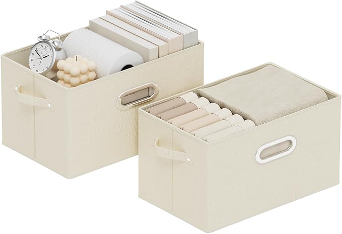 Foldable Cloth Basket with 3 Handles, Decorative Open Storage Boxes, Stackable Cube Organization, Fabric Bins for Shelves, Closet, Living Room, 13x9.1x7.9in, Beige, 2 Pack