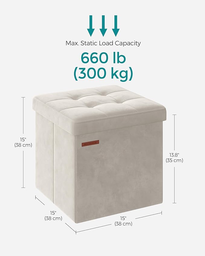SONGMICS Small Storage Ottoman, Folding Ottoman Cube, 15 x 15 x 15 Inches, Footstool, Footrest, 11 Gal. (43 L), Velvet Surface, for Bedroom, Living Room, Dorm, Cream White ULSF227W01