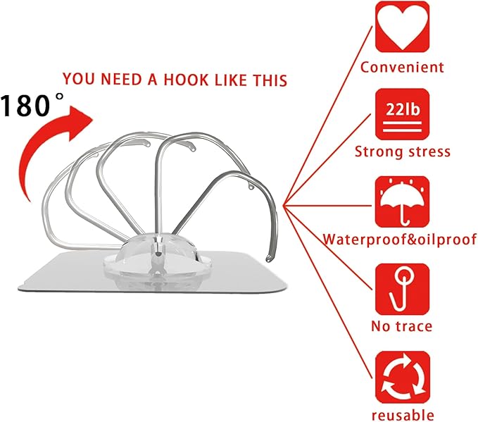 Heavy Duty Adhesive Wall Hooks - Strong & Transparent, Hold up to 22lb, Waterproof & Reusable, Ideal for Kitchen, Bathroom, and Office (20 Pack)