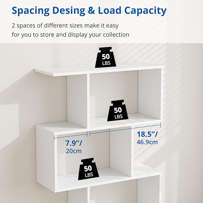 Cozy Castle Set of 2 Geometric Bookcase, S-Shaped Modern Bookshelf, Room Divider Bookshelf, 62" Tall Unique Abstract Bookcase with 5-Tier Display Shelf for Living Room Office, White