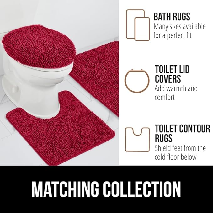 GORILLA GRIP Plush Absorbent Shaggy Chenille Bath Rug Mat for Square Toilet Base with Rubber Backing, Machine Washable Rugs, Soft Microfiber Contour Mats for Toilets, Bathroom Decor, Red