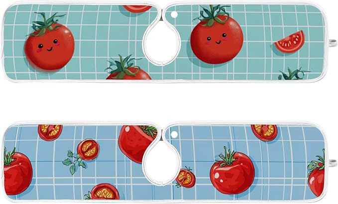 Sink Faucet Absorbing Mat Kitchen Sink Splash Guard Splash Faucet Drip Catcher for Bar RV Bathroom 2PCS 14.9x5.5in Green Grid Cute Tomato