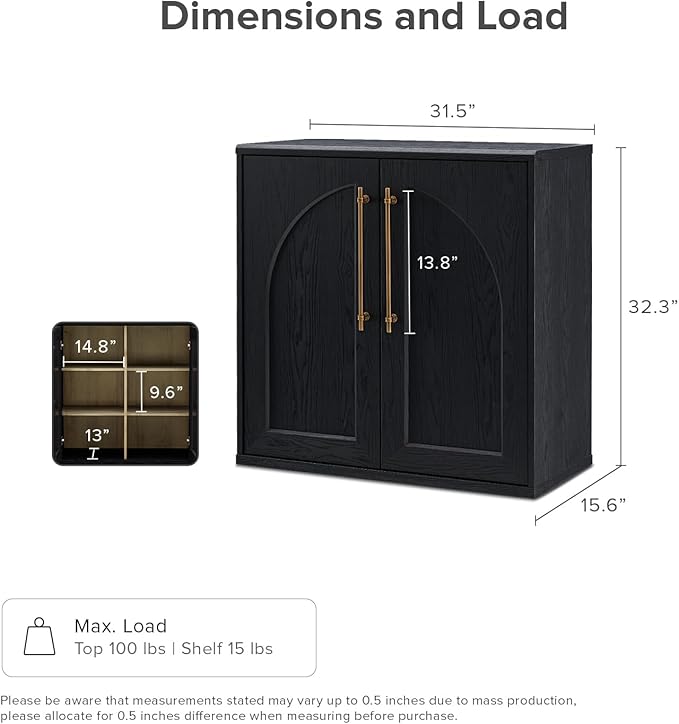 mopio Blake Storage Cabinet, Small Modular Accent Display Sideboard Buffet Cabinet with Storage, Media Console Credenza, for Kitchen, Coffee Bar, Pantry, Living Room (Black Oak Arched, Set of 2)