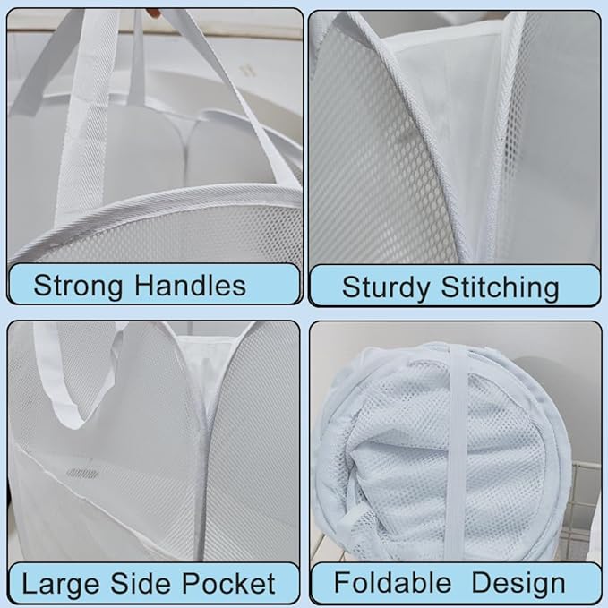 Pop Up Laundry Hamper, Reinforced Mesh Laundry Basket with Handles, Collapsible Clother Hamper with Side Pocket for Home, College Dorm, Travel - White Vertical Storage Basket