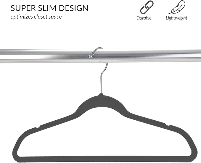Simplify Children’s 10 PK Velvet Hangers | Dimensions : 13.78" W x 8.46" H | Durable Plastic | Non-Slip | Keeps Shape | 14” Width | Children Sizes 2-16 | Grey