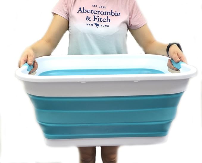 SAMMART Set of 2-41L(10.8 gallon) Collapsible Plastic Laundry Basket-Pop Up Storage Container-Portable Washing Tub-Space Saving Hamper, Water capacity:32L(8.4 gallon) (2 rectangular, Bright Blue)