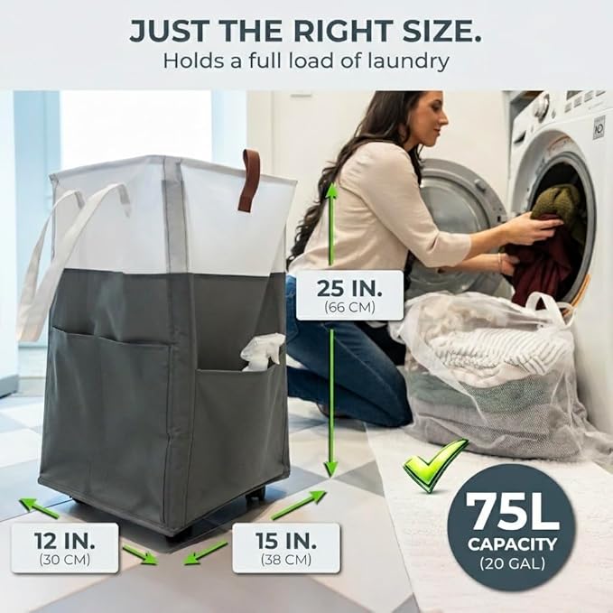 Laundry Basket with Wheels – Foldable, Space-Saving, Fabric Slim Laundry Hamper with Removable Bag and Side Pouches – Lightweight 75L Washing Basket for Clothes, Bedroom, Bathroom, Dorm